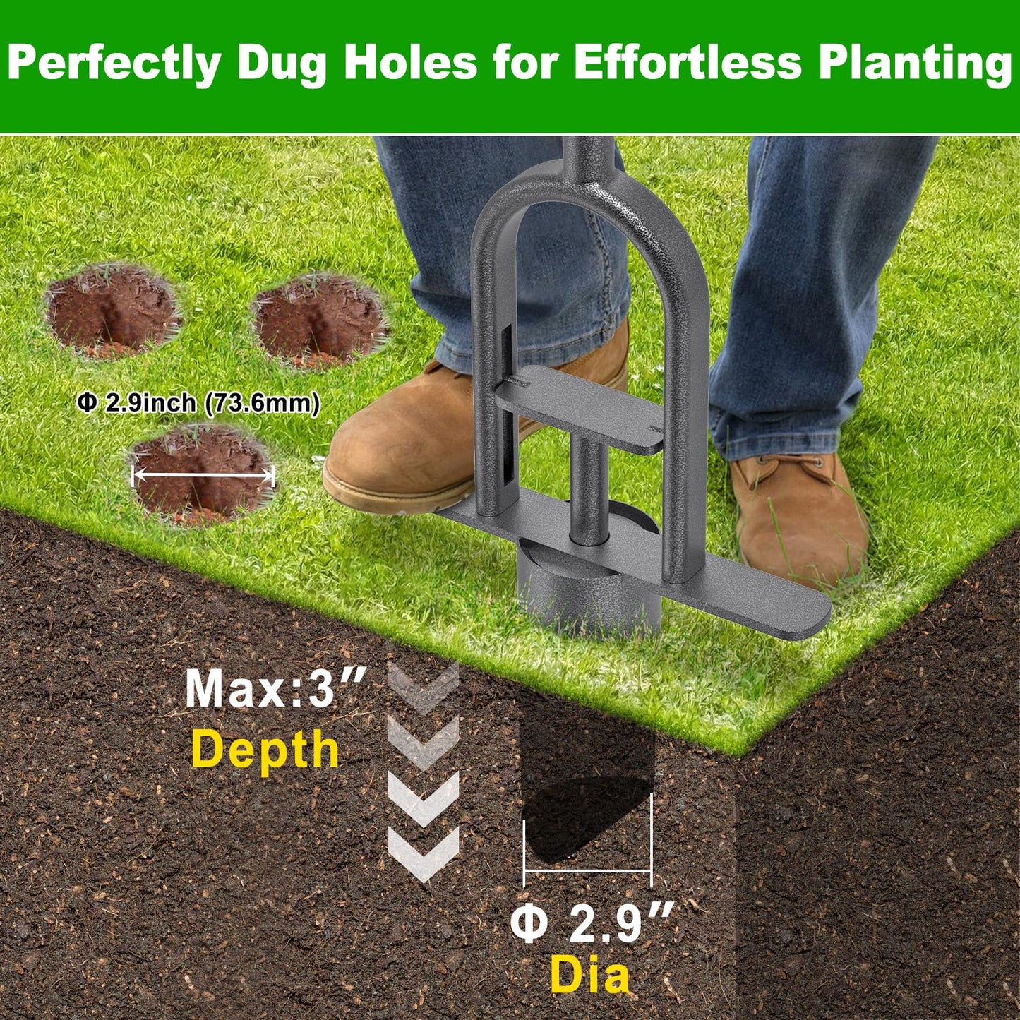 Lifeswell Heavy Duty Long Handled Bulb Planter Tool with Soft Rubber Grip, Garden Sod Plugger for Digging Holes, Turf Repair, Seedling Transplanting