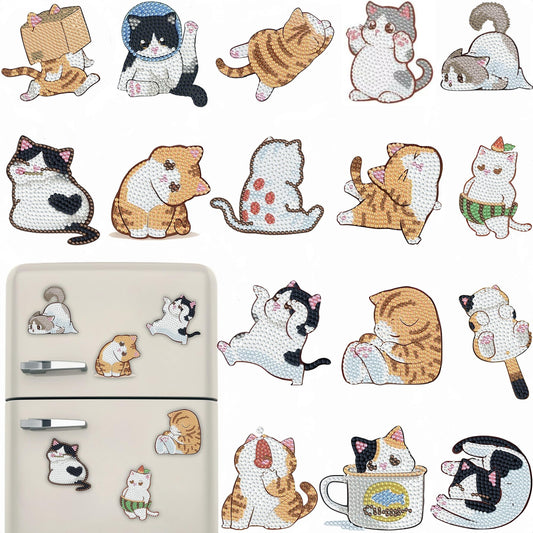 16 Pcs Cat Diamond Painting Magnets Kits Diamond Art Fridge Magnet Refrigerator Sticker Diamond Painting kit for Beginners Adults DIY Art Craft Gifts Home Decors