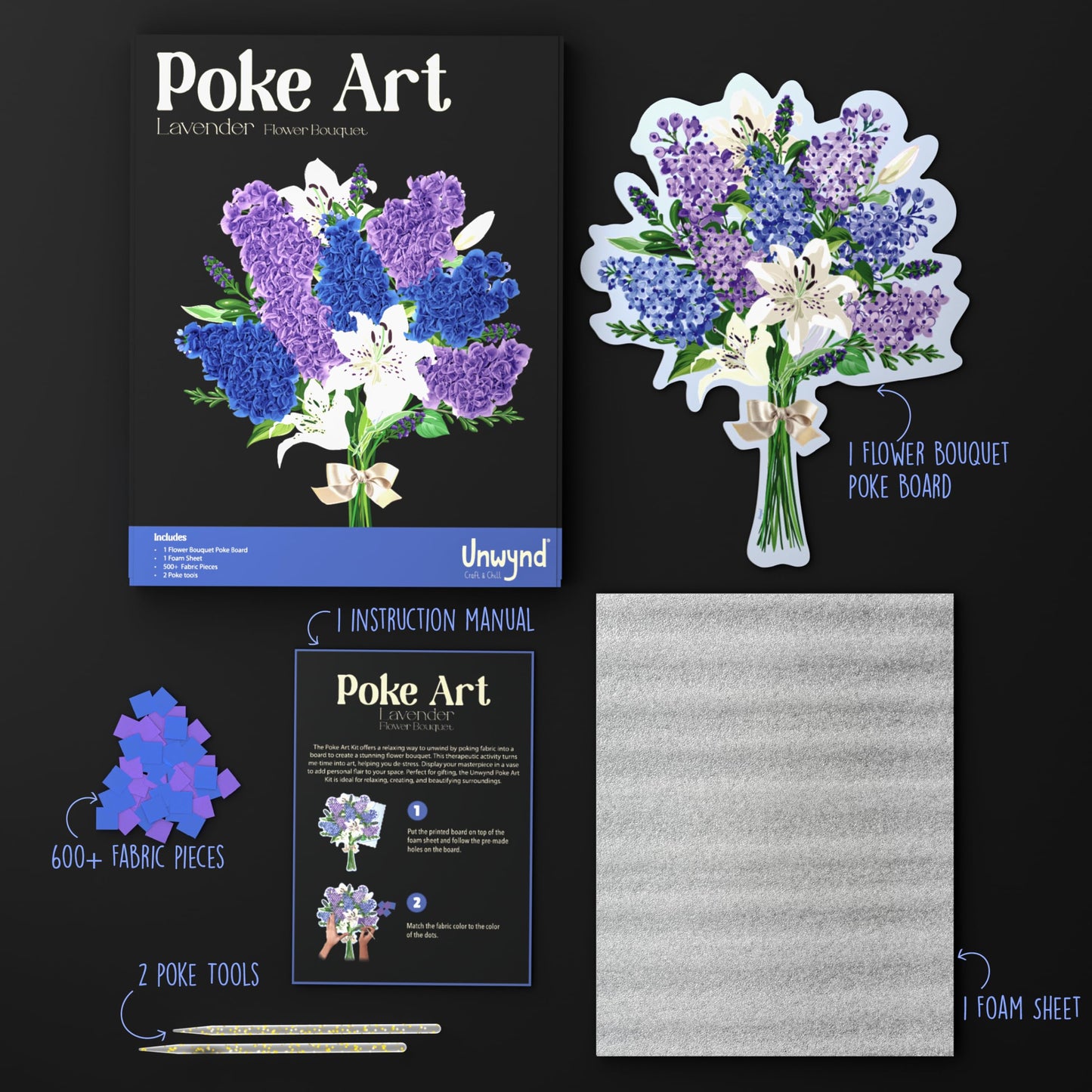 Unwynd Poke Art Lavender Flower Bouquet | Mess-Free Arts and Crafts for Adults | Teen Craft Kits | Flowers Gift | Gifts for Women Basket Making