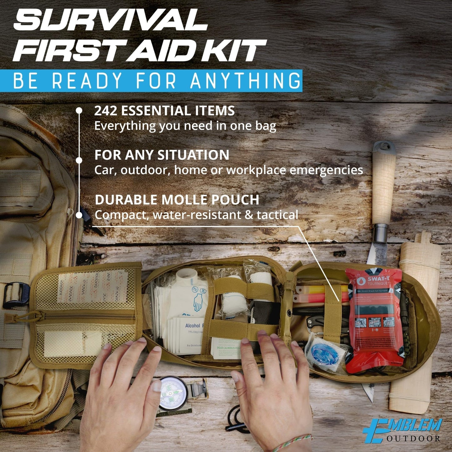 Emblem OD 242 Piece First Aid Survival Kit with Tourniquet Kit | MOLLE IFAK Med Kit | Emergency Medical Trauma Kit | Survival Gear | Tactical First Aid Kit for Car Home and Field | Brown