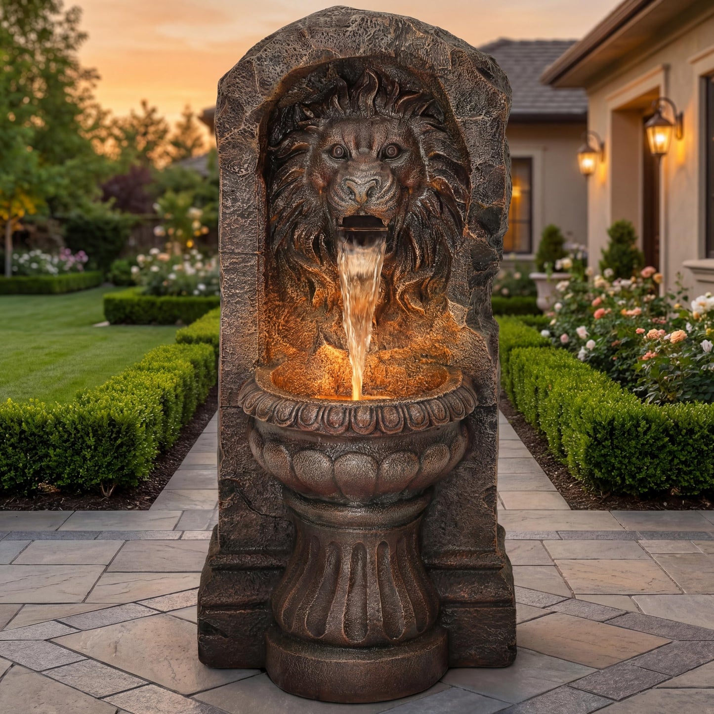 Autodaya 30" Lion Head Outdoor Water Fountain, Rustic Tiered Waterfall Fountain with LED Lights, Weatherproof Resin Freestanding Fountain for Garden, Patio, Yard & Courtyard Decor