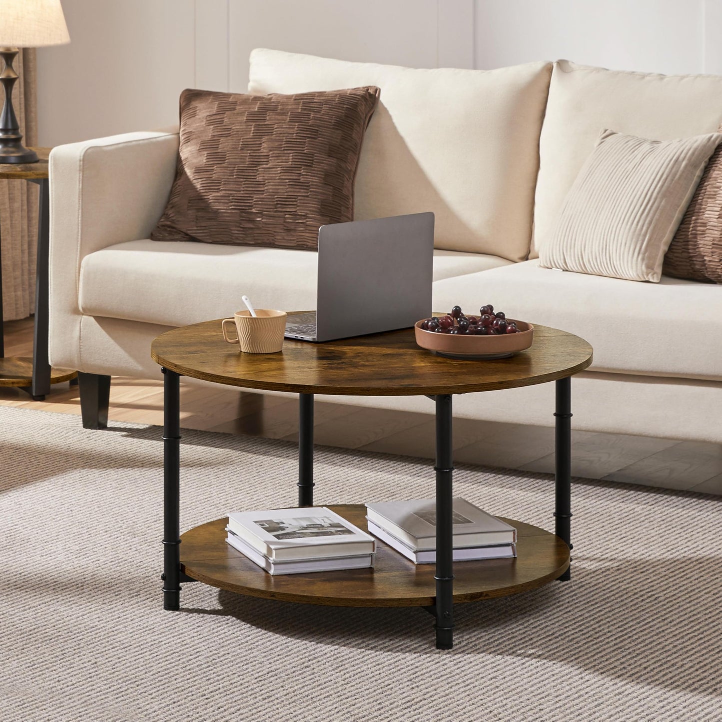 Yaheetech Round Coffee Table, 2 Tier Coffee Table with Storage, Modern Center Tables for Living Room, Easy to Assemble, 35.5 x 18 Inches Rustic