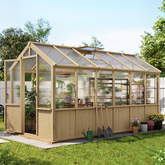 6x12 FT Greenhouse - Large Wooden Greenhouses for Outdoors, Heavy Duty Spruce Frame Greenhouse with PC Panels, Adjustable Roof Vents & Lockable Door, Walk-in Green Houses for Garden, Backyard, Patio