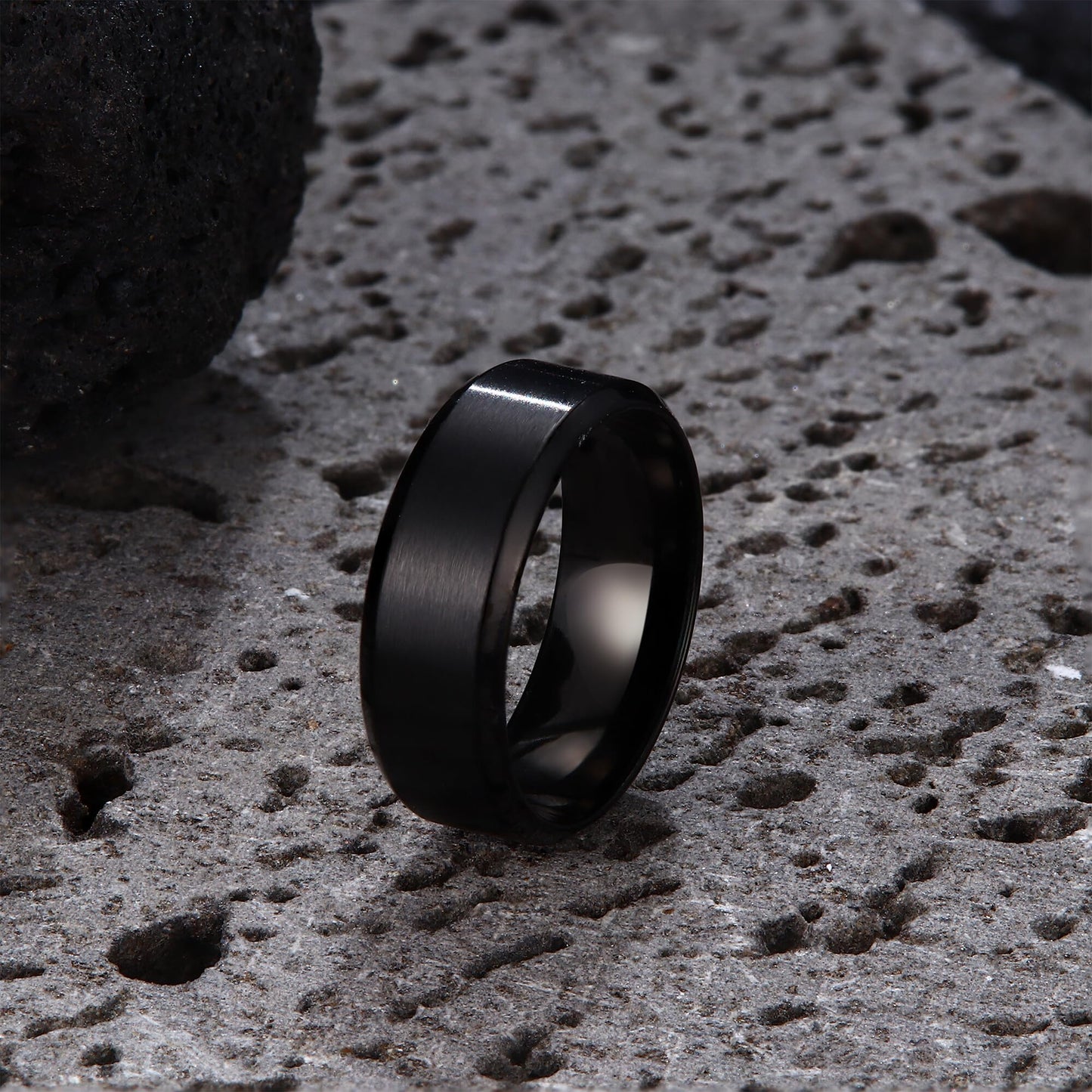 Jstyle Stainless Steel Rings for Men Women 8MM Wedding Band Rings Matte Surface - Beveled Polished Edge Mens Ring Size 10 Black Ring for Men