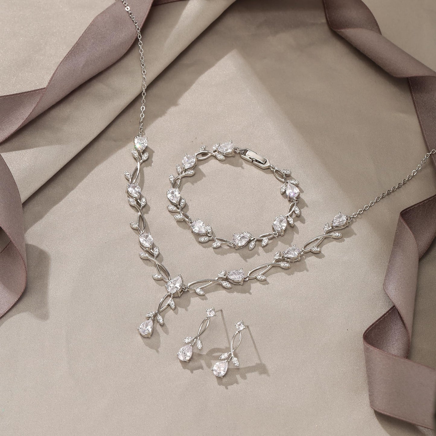 EVER FAITH Wedding Jewelry Set for Bride Bridesmaid, White-Gold-Plated-Brass Teardrop Cubic Zirconia Leaf Vine Bridal Prom Necklace Dangle Earrings Bracelet Sets for Women
