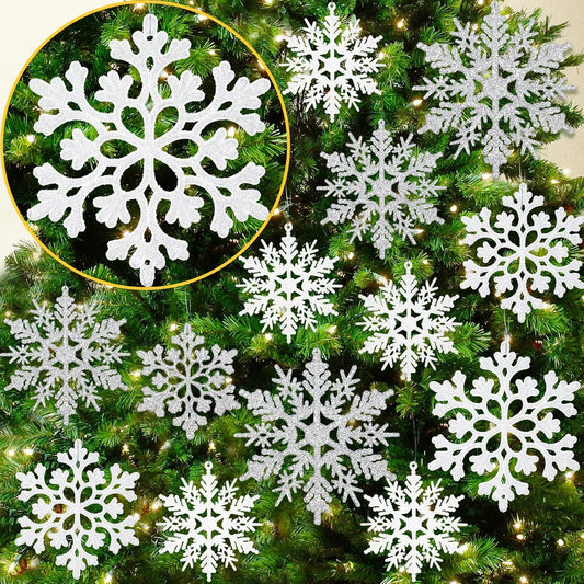 18Pcs White and Silver Christmas Snowflake Hanging Ornaments, Plastic Glitter Hanging Snow Flakes for Christmas Tree Winter Wonderland Frozen Birthday Party Holiday Home Decor Craft Snowflakes