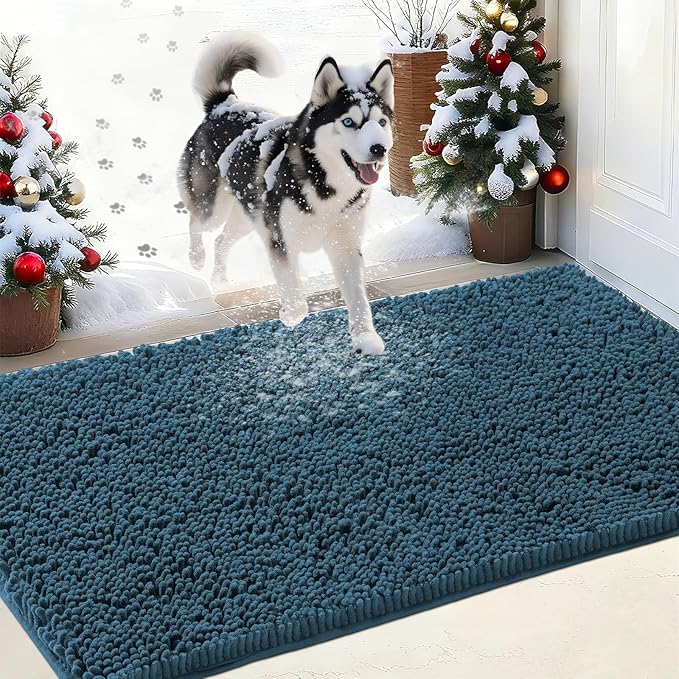 IM HOME Chenille Absorbent Outdoor Doormat 36" x 24", Washable Muddy Door Mats for Dog Non Slip Indoor Doormat Dog Mat for Muddy Paw Front Inside Doormats for Entryway Atlantic Blue