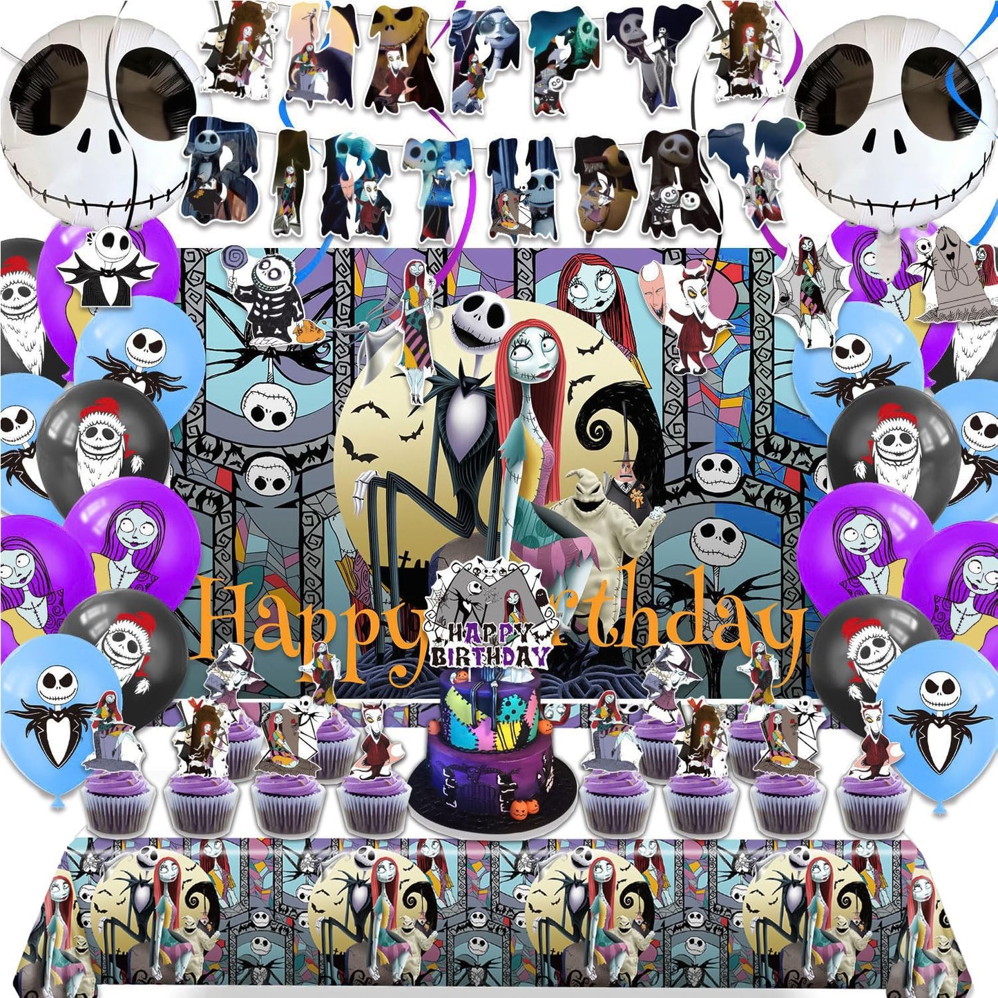 Favuit Birthday Decorations, Nightmare Christmas Party Supplies Halloween Birthday Party Decorations Set Includes Banner Balloons Tablecloth Backdrop Hanging Swirls Cake Toppers