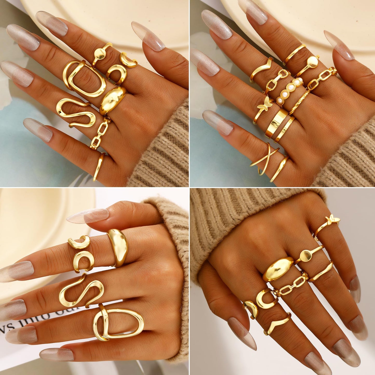 FAXHION 68 Pcs Gold Jewelry Set for Women with 7 Necklace, 17 Bracelet, 5 Hoop Earrings, 15 Stud Earrings, 24 Knuckle Rings for Women Jewelry Set for Women