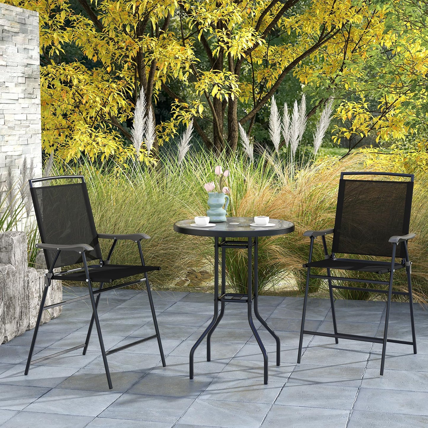 Tangkula 3-Piece Outdoor Bar Set, Counter Height Patio Bistro Furniture Set with DPC Tabletop & Umbrella Hole, Metal Frame Patio Bar Table with 2 Folding Chairs for Poolside, Backyard, Porch, Black