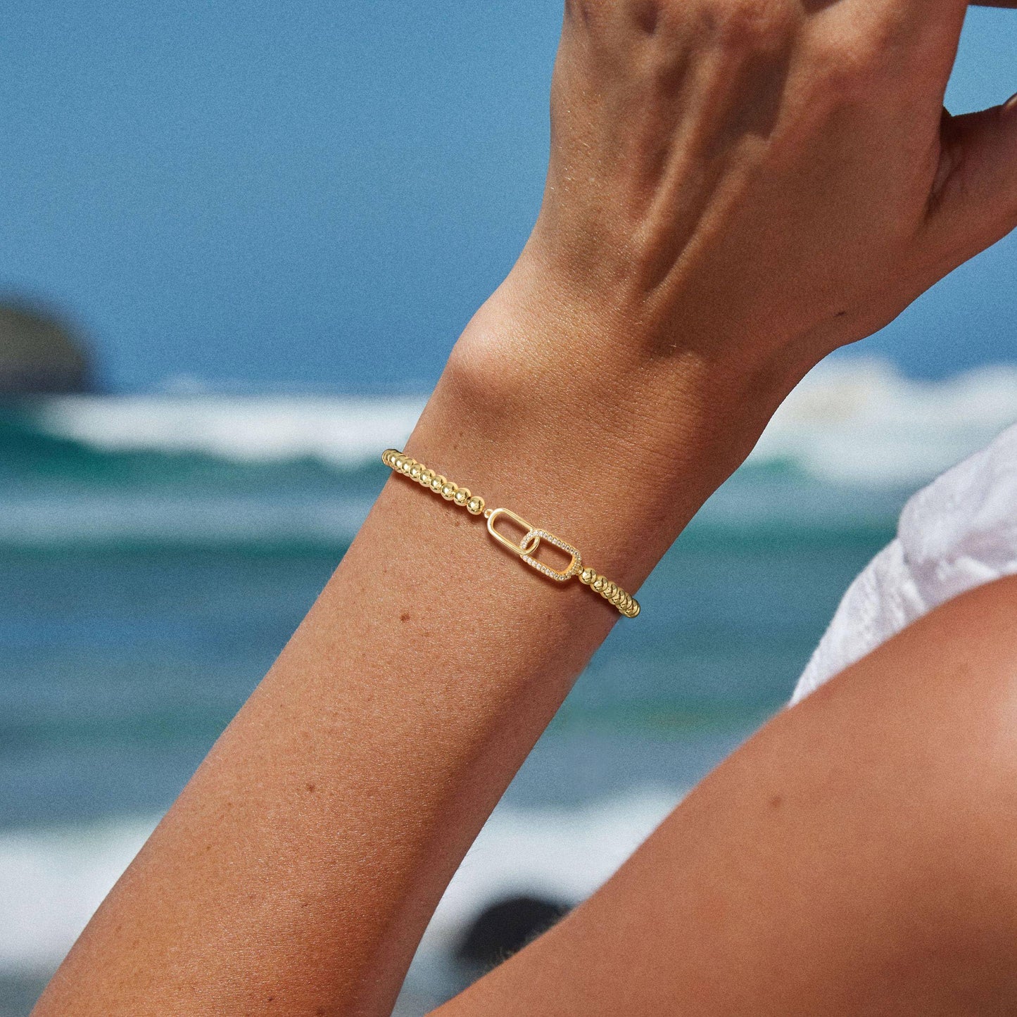 Beaded Bracelets for Women 14K Silver Gold Plated Stretch Handmade Ball Bracelets Cute Charm Bracelet Dainty Stackable Cross Heart Bow Wave CZ Circle Trendy Jewelry Easter Gifts (zirconia-square)