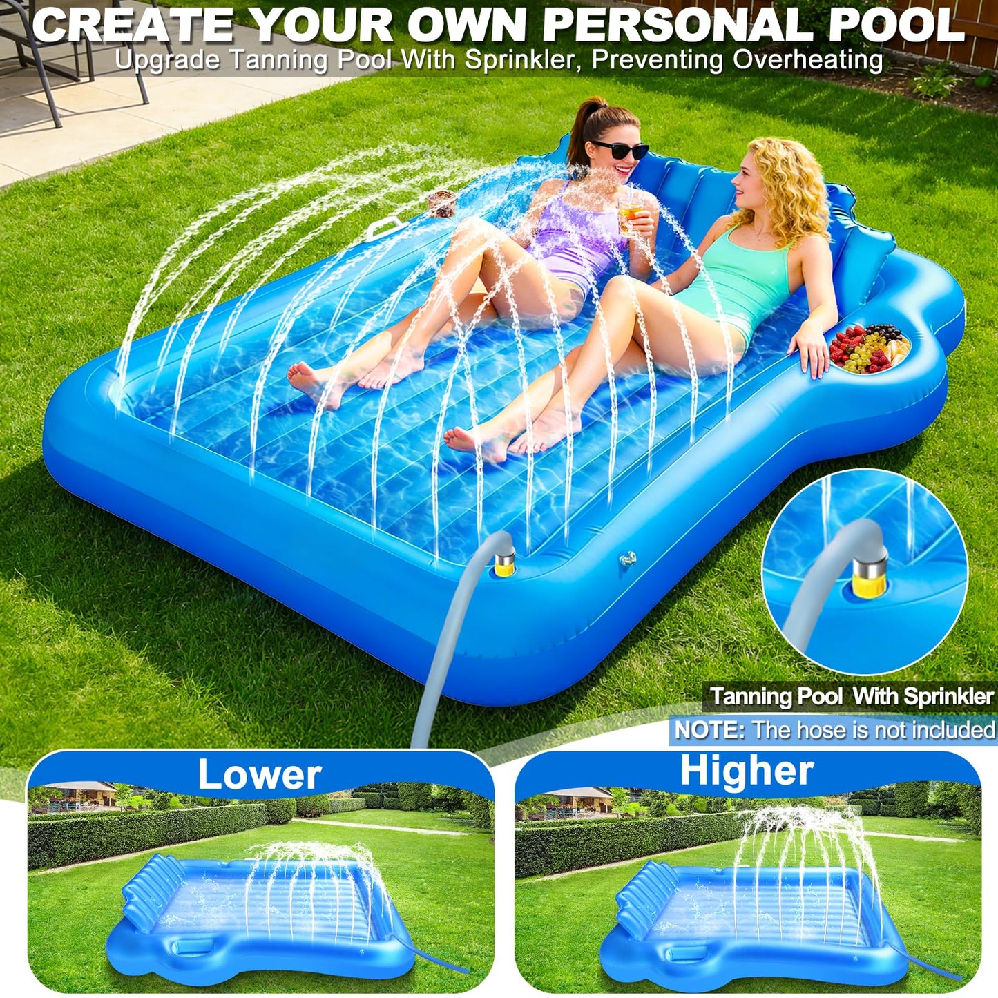 83"x63" Extra Large Inflatable Tanning Lounger Float with Sprinkler,2-Person Pool Float Adults with Backrest,Cup & Food Holder Blow Up Tanning Bed for Summer Beach Pool Party(Extra Large-Blue)