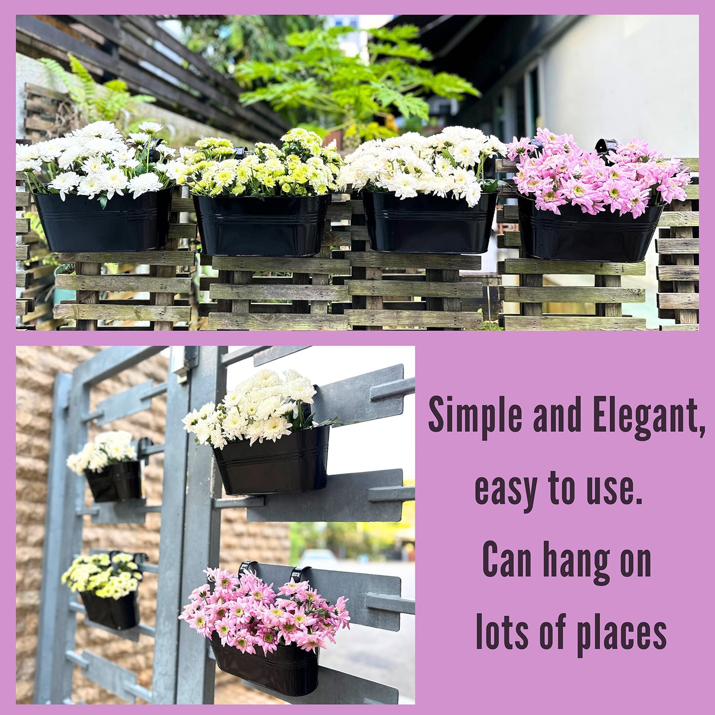 LaLaGreen Rail Planter Outdoor Plants(11.8 Inch, 8 Pack) Black Metal Iron Hanging Flower Pots Deck Railings Fence Buckets Modern Countryside Boho Style Wall Mount Window Box Plant Holder Porch Decor