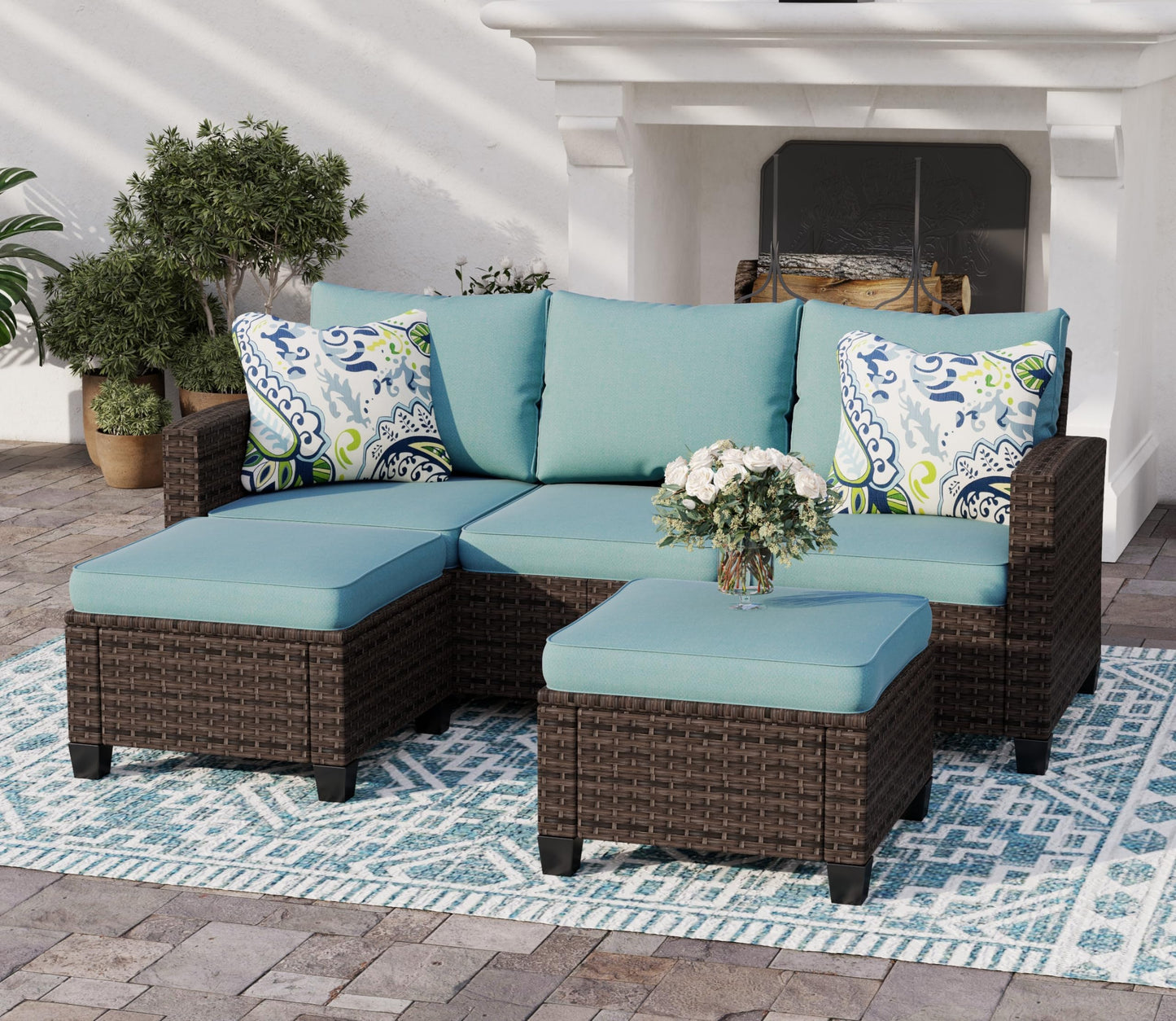 SUNSHINE VALLEY L-Shaped Outdoor Furniture Set, 5-Seat Couch with 2 Ottomans, Durable Rattan Sofa for Small Patios, Modular All-Weather Use, Blue