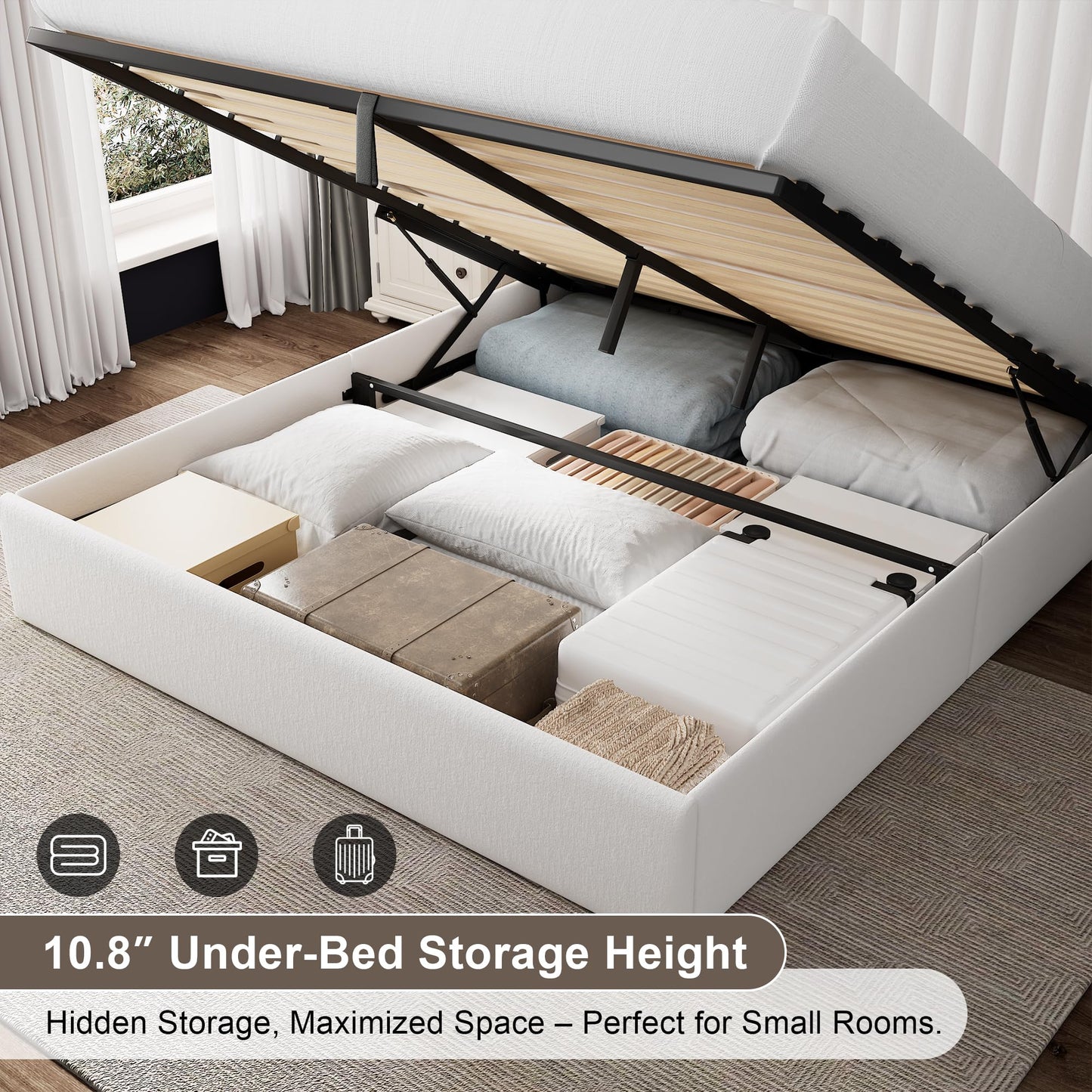 Einhomn Full Size Lift Up Storage Bed with Wingback Headboard, Upholstered Velvet Bed Frame with Heavy Duty Wooden Slat Support, Hydraulic Storage, Noise Free, Easy Assembly, White