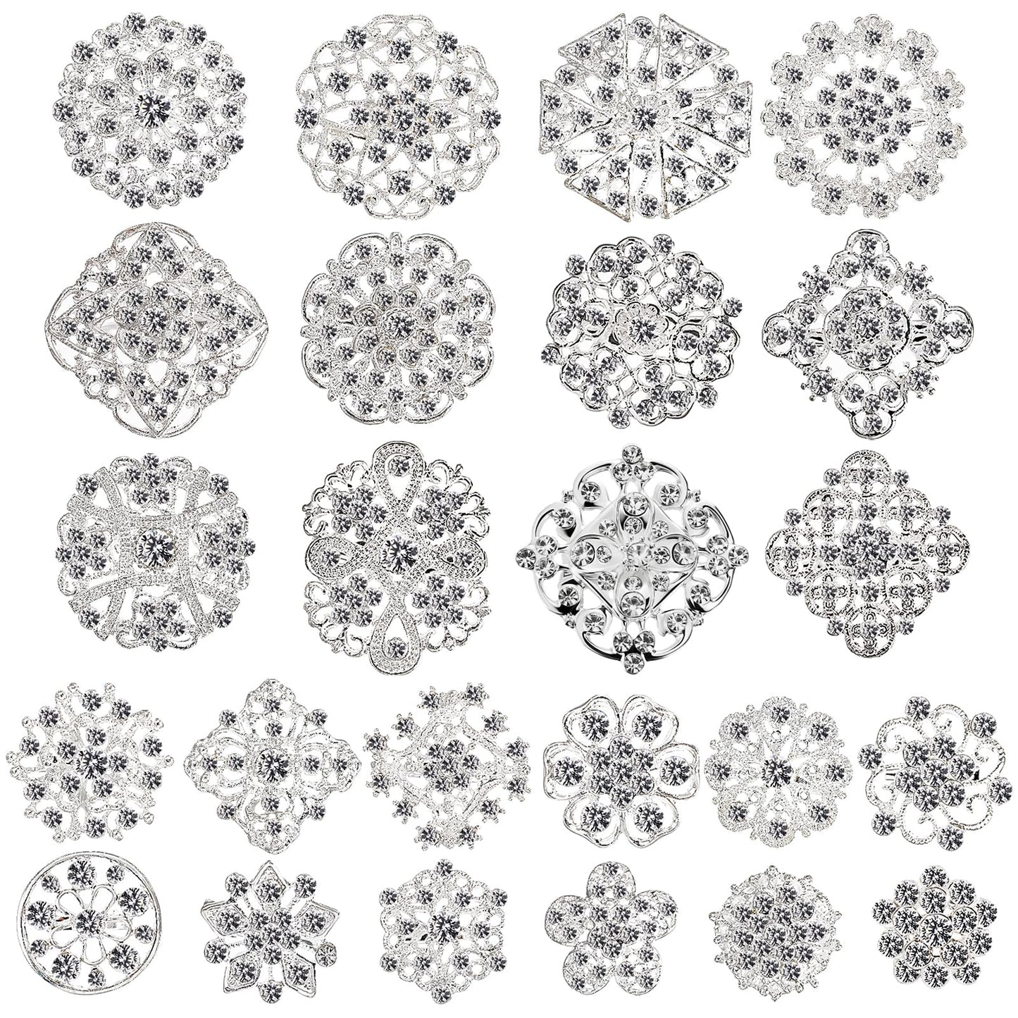 Hiceeden Lot 24 Pcs Crystal Brooches Pins, Silver Shining Clear Rhinestone Brooches Flower Jewelry Bridal Wedding Bouquet Kit Gift for Girls, Women, DIY Decoration