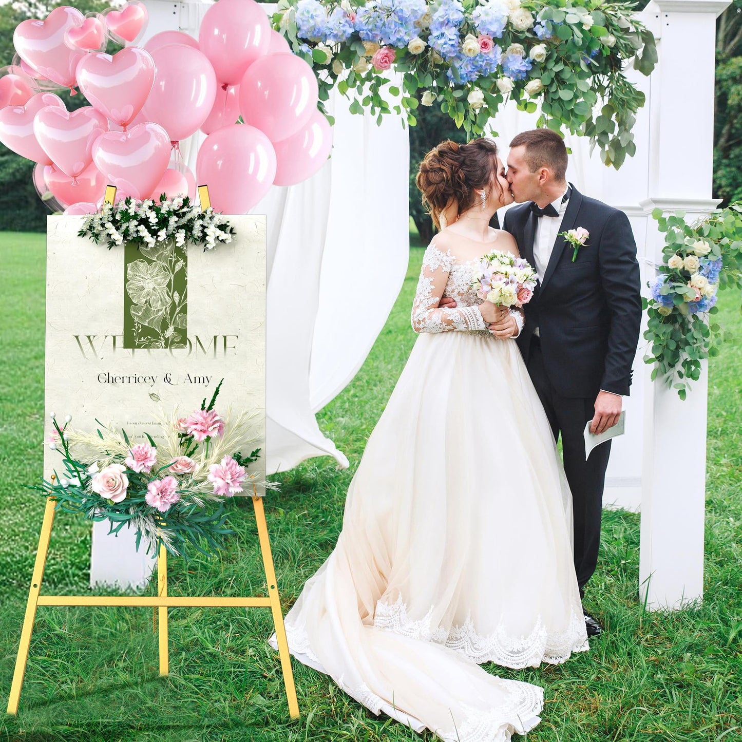 Gold Metal Easel Stand for Sign,Heavy Duty Art Easel with Adjustable Chain,Tripod Structure,4-Level Height—Easels for Wedding Welcome Sign Holder,Baby Shower Poster,Birthday Party,Posters
