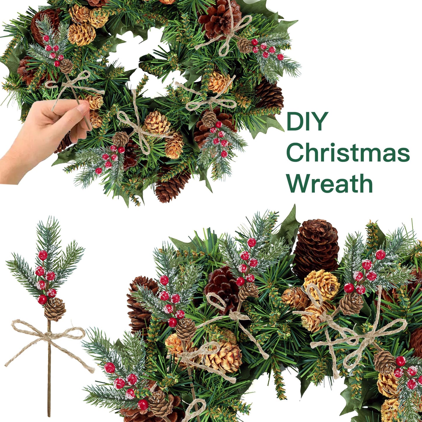 Sggvecsy 15 Pack Snow Frosted Christmas Berries Pine Picks Artificial Red Berry Pine Branches Frosted Faux Pine Stem with Pine Cones Fake Pine Needles for Xmas Tree Wreath DIY Craft Holiday Decor