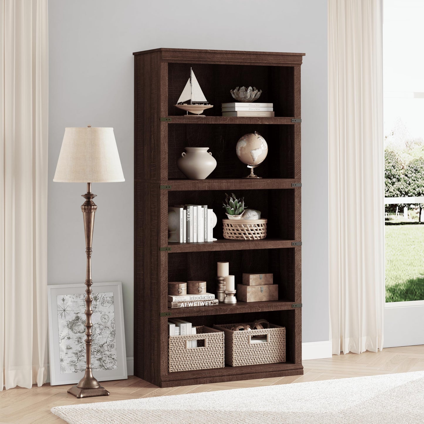 IDEALHOUSE 5 Tier Bookcase, Farmhouse Book Shelf with Storage Open Display Bookshelves, 67.4" Tall Book Case Wooden 5 Shelf Bookcase Home Decor Furniture for Home Office, Living Room- Reddish Brown