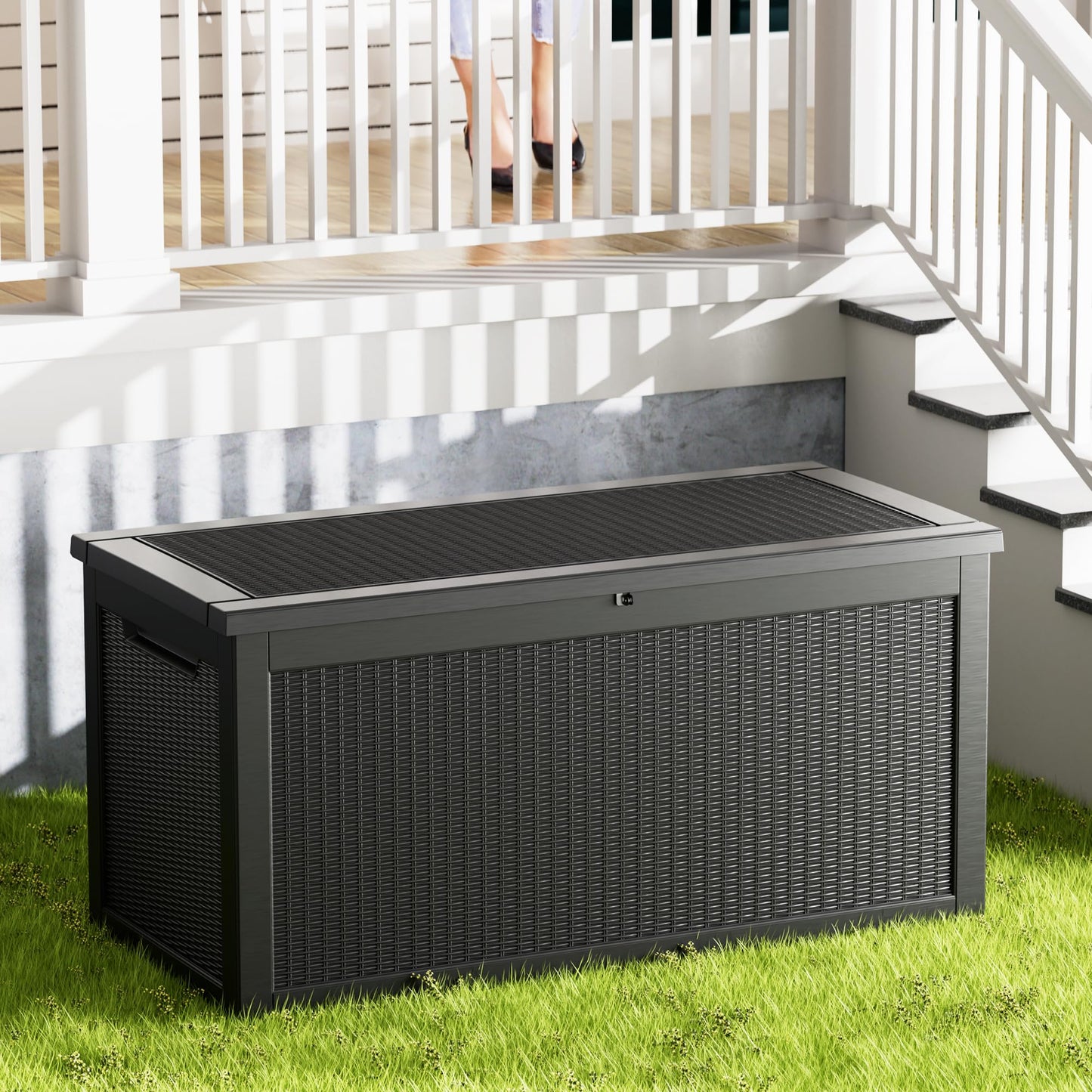 Outdoor Storage Box, 320 Gallon Lockable Resin Deck Box Large Waterproof, Patio Storage Bin for Furniture Cushion, Garden Tools and Pool Accessories, UV-Resistant Bench Cabinet for Outside, Black