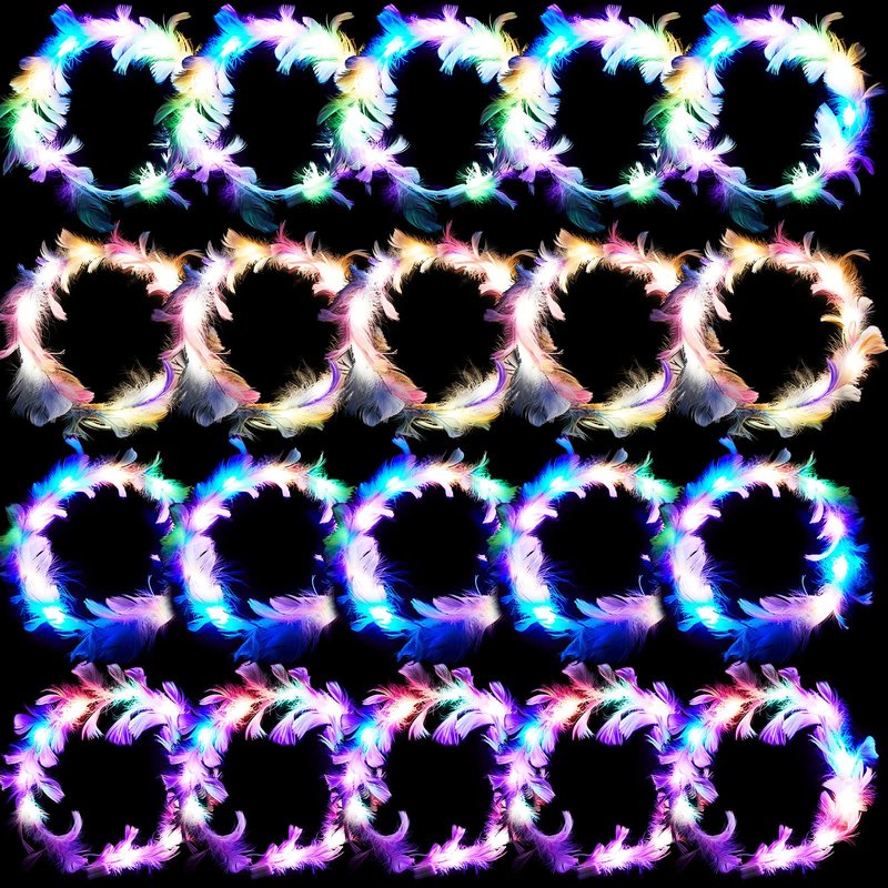 Taiyin 20 Pieces LED Feather Crown Headbands Light up Wreath Headband Flower Crowns for Women Glow in The Dark Headband for Wedding Reception Mardi Gras Cosplay Party Favors (Colorful)