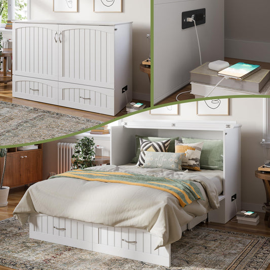 AFI, Southampton Murphy Bed Chest Full with 6" Mattress, Built-in USB Charger & Storage Drawer, White