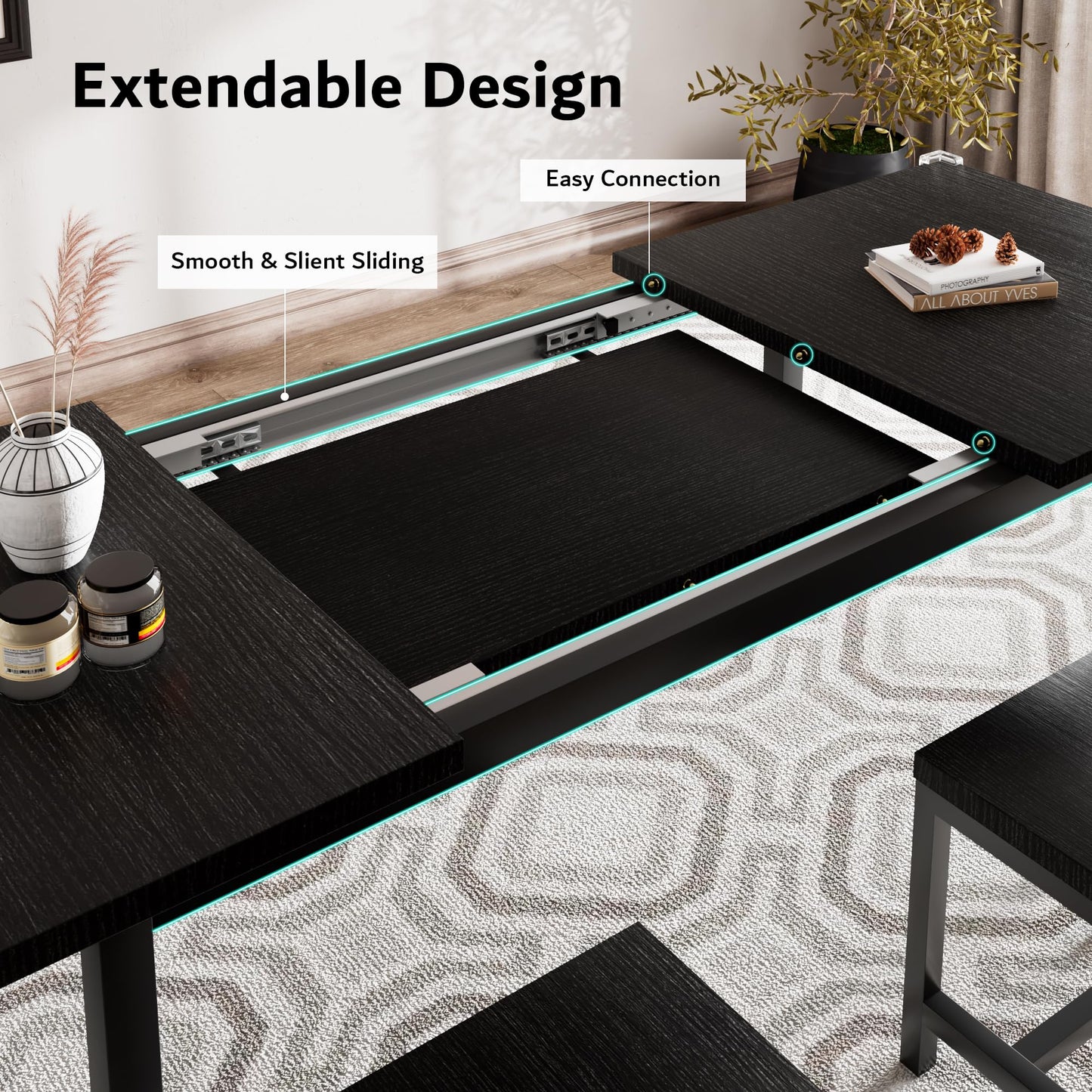 iPormis 7-Piece Extendable Dining Table Set with 6 Stools, 63" Kitchen Table Set for 4-8, Modern Dining Room Table with Sturdy Metal Frame, Space-Saving Dinette, Black