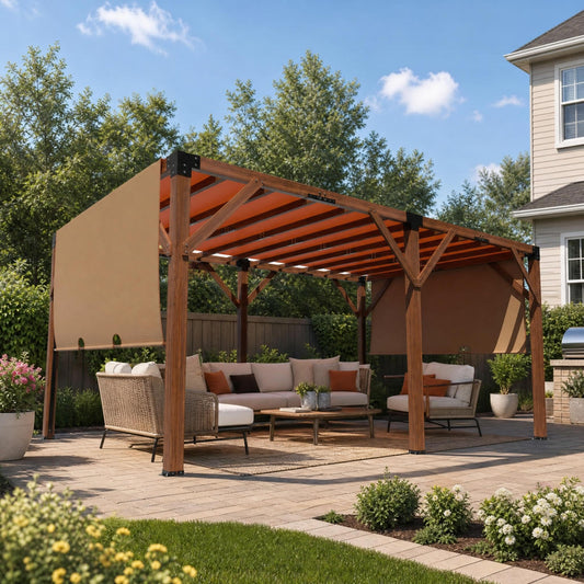 12x20 ft Cedar Wood Pergola with Retractable Shade Canopy, Metal-Reinforced Solid Wood Frame, Outdoor Patio Gazebo for Backyard, Deck, Garden