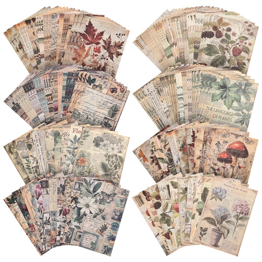 120 Sheets Vintage Botanical Scrapbook Paper Set, Journaling Scrapbooking Supplies Craft Decoupage Papers Kit, 4 Themes x 30 Mushroom Floral Antique Letter Design for Junk Journals Collage Card Making