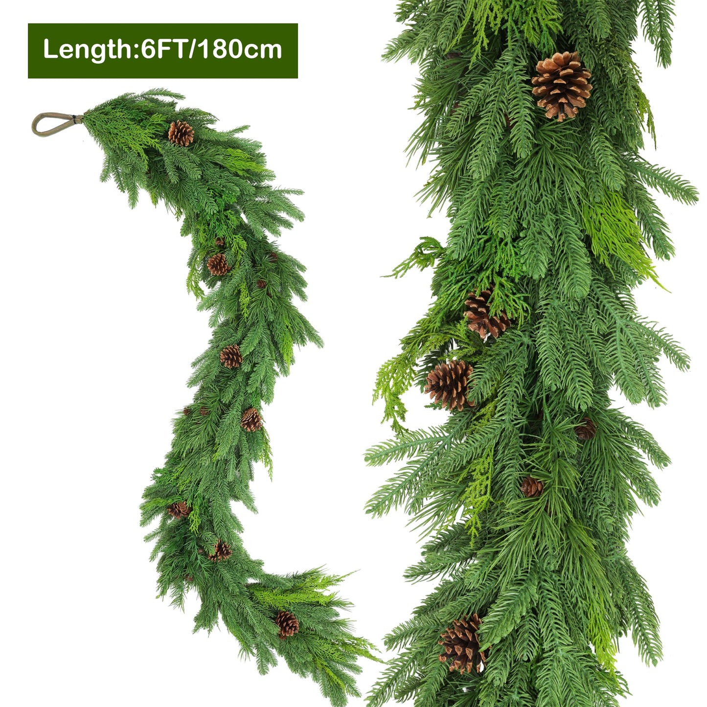 6FT Christmas Garland, Cedar Garland with Pine Cones Artificial Cypress Pine Garland for Mantle Stairs Table Indoor Outdoor Home Xmas Christmas Decor Decorations