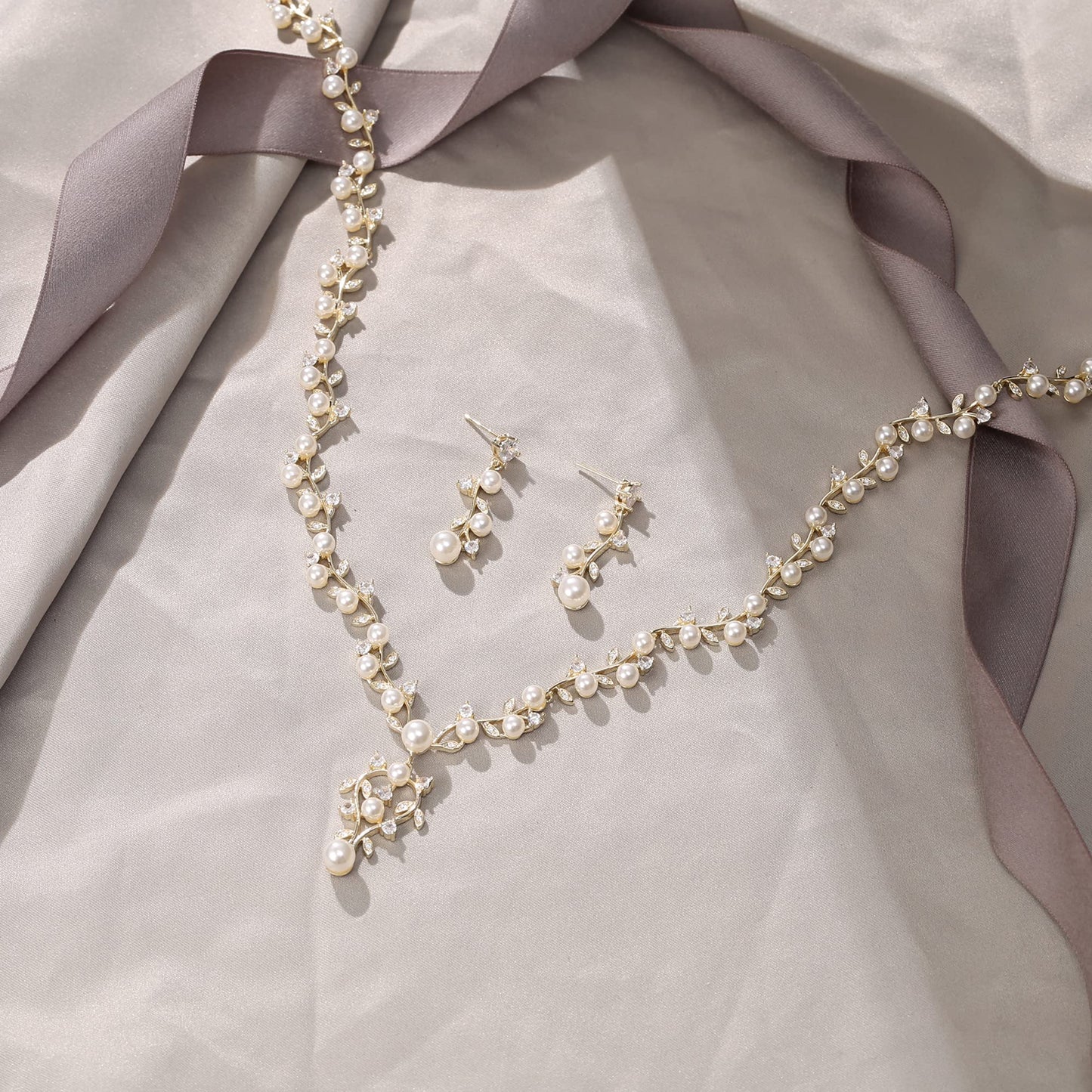 EVER FAITH Bridal Jewelry Sets for Women, White Cubic Zirconia Simulated Pearl Leaf Vine Wedding Bride Pendant Necklace Earrings Set Clear Gold-Plated-Brass