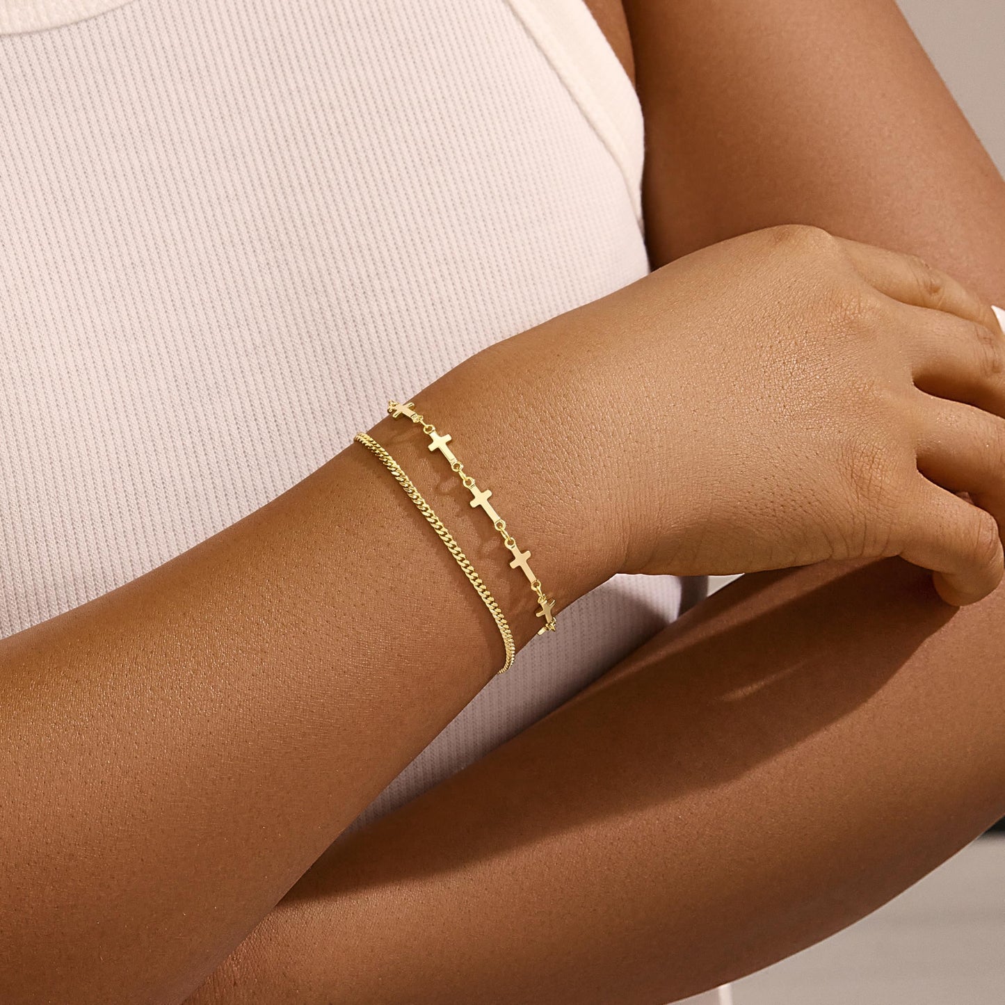 Poxtex Gold Cross Bracelets for Women, Gold Jewelry Set Dainty Waterpoof Cuban Link Layered Bracelet for Women Trendy Jewelry Gifts
