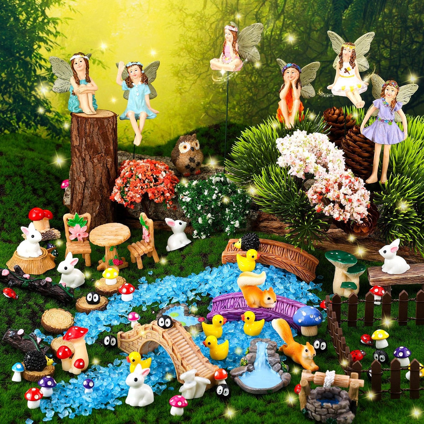 HIYZI 100 Pcs Fairy Garden Accessories Miniatures Figures Kit Micro Landscape Terrarium Ornaments Resin Mushroom Animal Fake Pond Lawn Bridge Garden Dollhouse Decoration