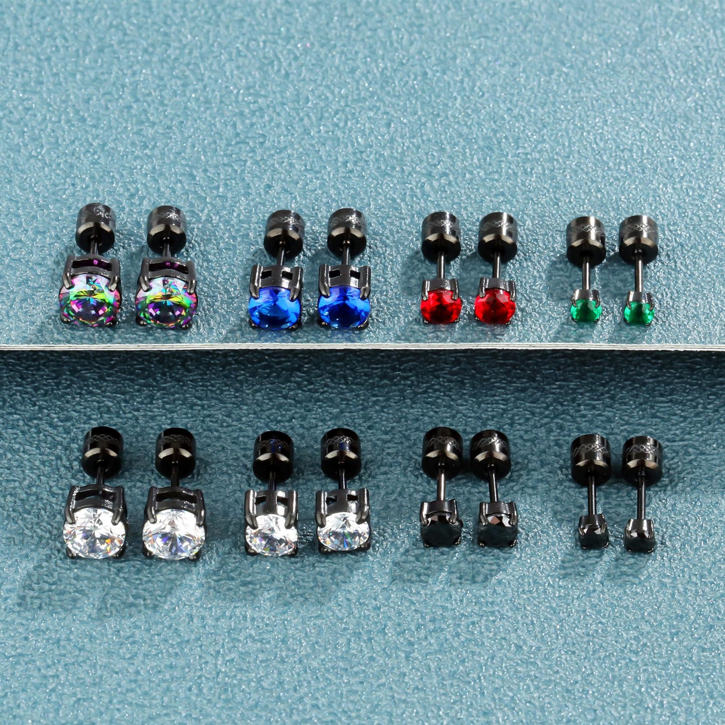 Hopply 4 Pairs Titanium Screw Back Surgical Stainless Steel Earrings for Women Men,Rainbow 5A Cubic Zirconia Studs Double Side Earrings Piercing Sleeper Jewelry 6mm (Red/Green CZ 3-6mm)