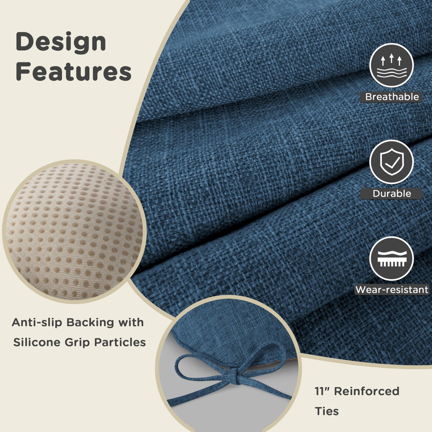 AddGrace Chair Cushions for Dining Chairs Set of 1 Kitchen Seat Cushions with Ties and Non Slip Backing Tufted Indoor Seat Pad for Kitchen Dining Room 18" x 17" x 3" Navy
