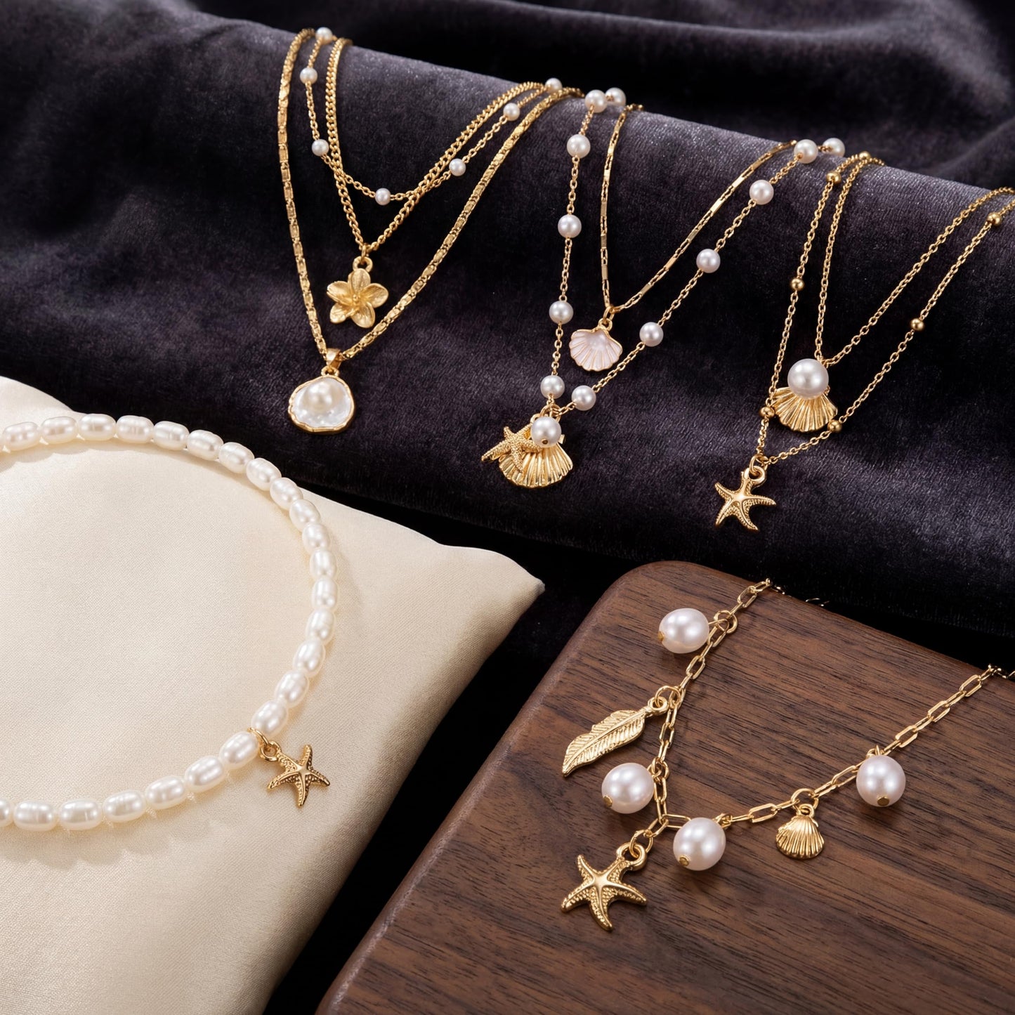 Unittype 9 Pcs Shell Necklace for Women Summer Beach Jewelry Pearl Choker Gold Sea Shell Scallop Starfish Necklaces Ocean Tropical Vacation Necklaces Beach Charm Jewelry Gift Set for Teens Girls