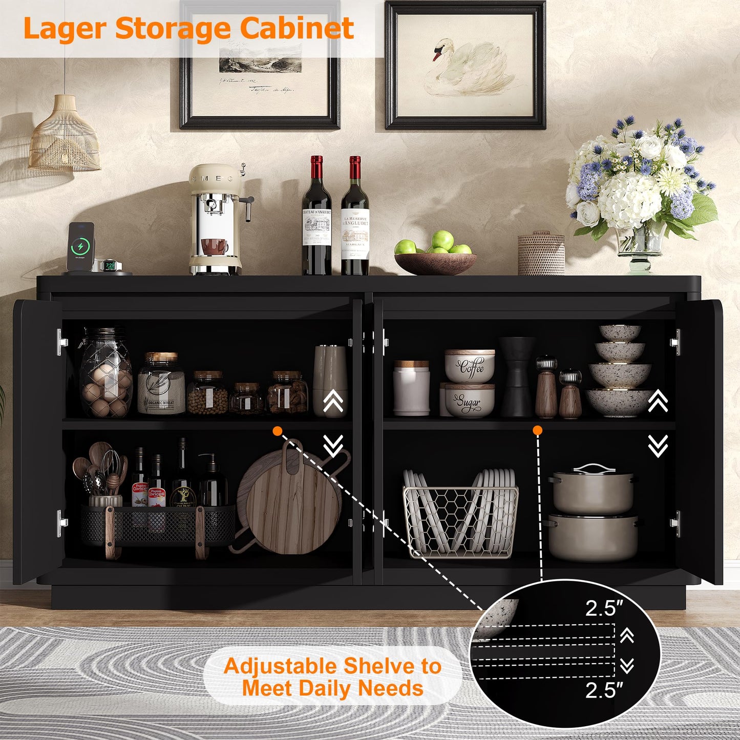 knoworld Buffet Cabinet with Storage, Outlet & Adjustable Shelves, Sideboard Cabinet with Double-Arc Doors, Classic Modern Wood Console Table & Credenza for Dining Room & Entryway