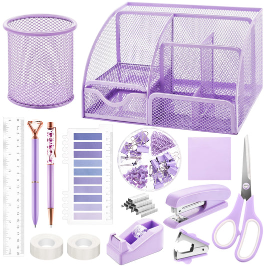 15 Pcs Purple Office Supplies Set Mesh Desk Organizer Accessories Kit Include Stapler Tape Dispenser Staple Remover Clips Ruler Scissors Sticky Notes for Office School Home Women (Purple)