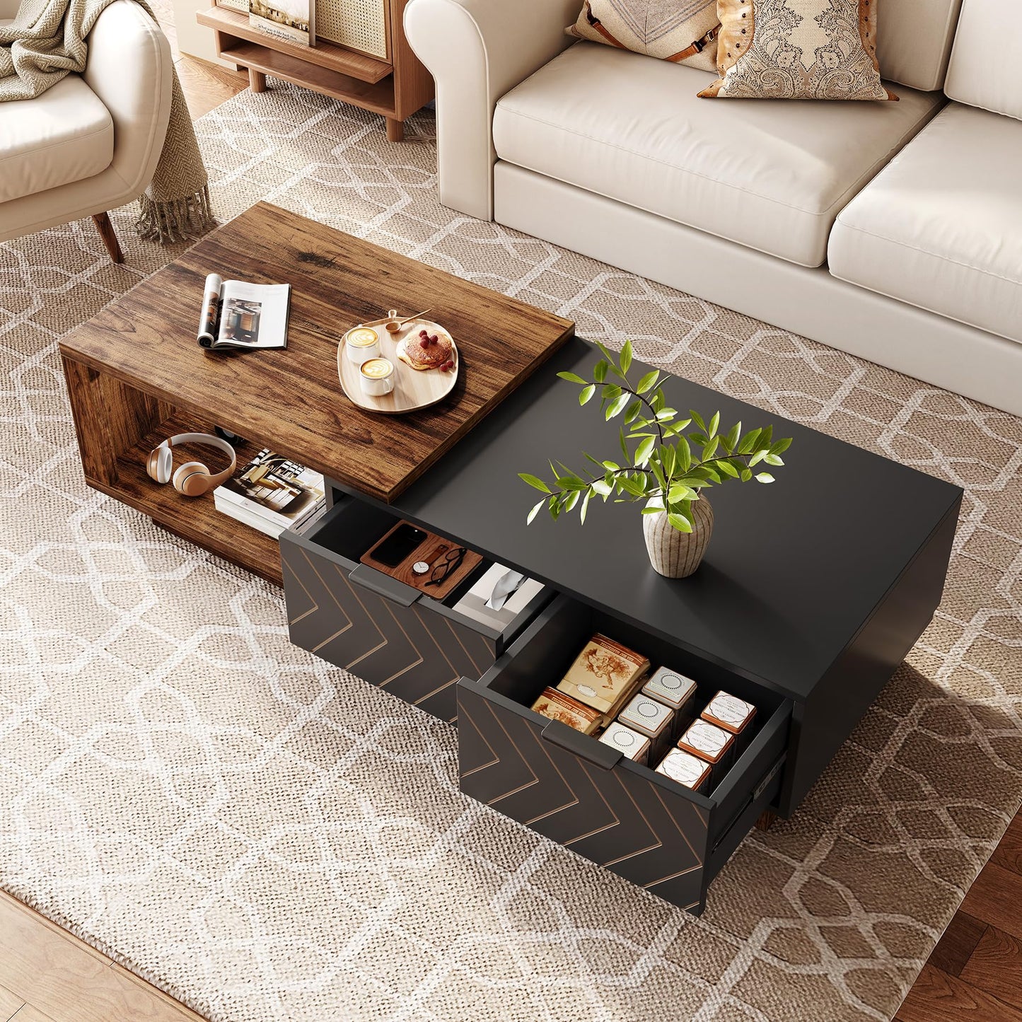 LITTLE TREE Expandable Wooden Coffee Table with 2 Drawers, Space-Saving Rectangular Farmhouse Center Table, Perfect for Living Room and Office, Brown and Black