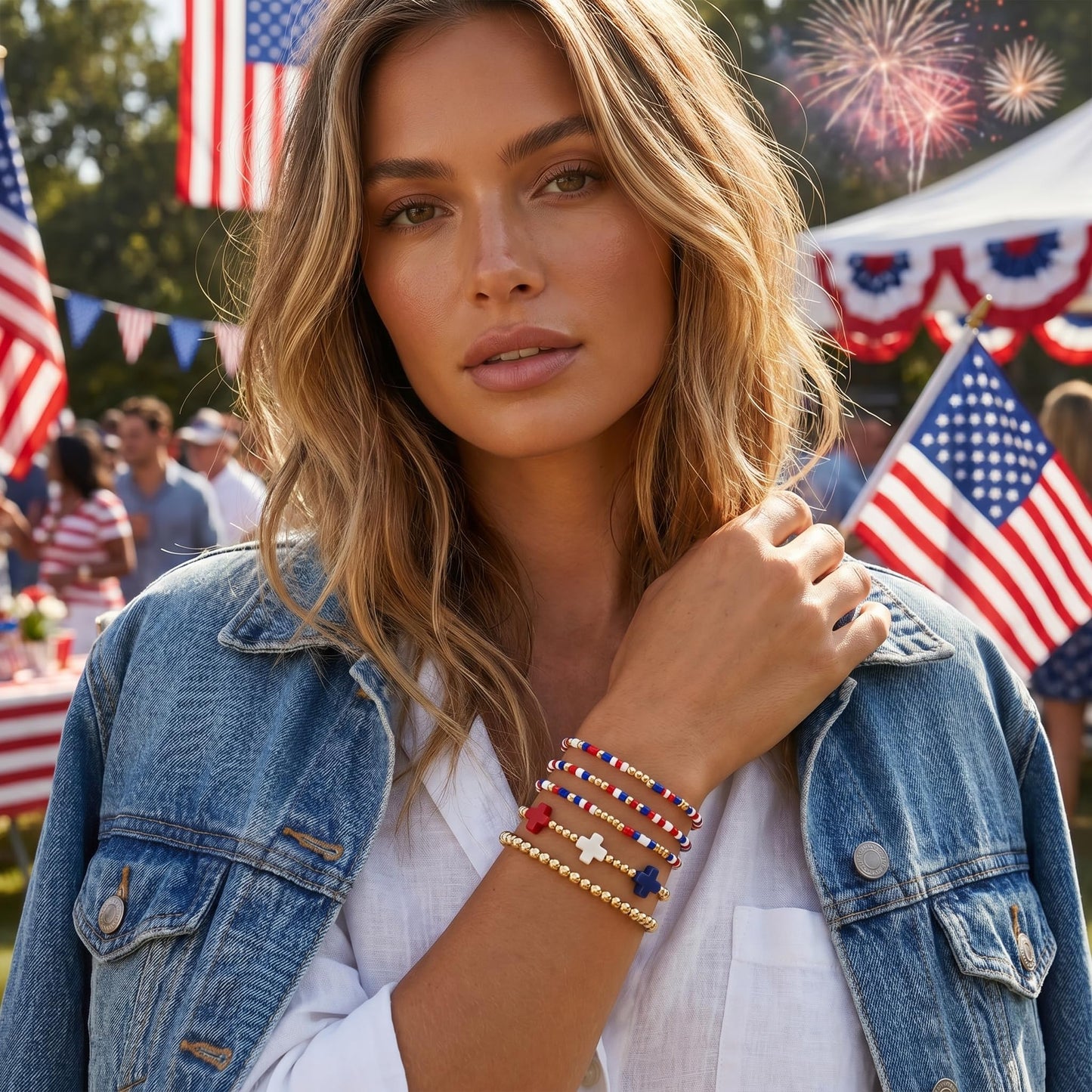 Bohxantium 4th of July Bracelet Stack for Women,Dainty Gold Beaded Cross Patriotic Bracelets Set,Elastic Red White Blue Tiny Beads Usa Bracelet,Trendy Fourth of July Independence Day Accessories Gifts