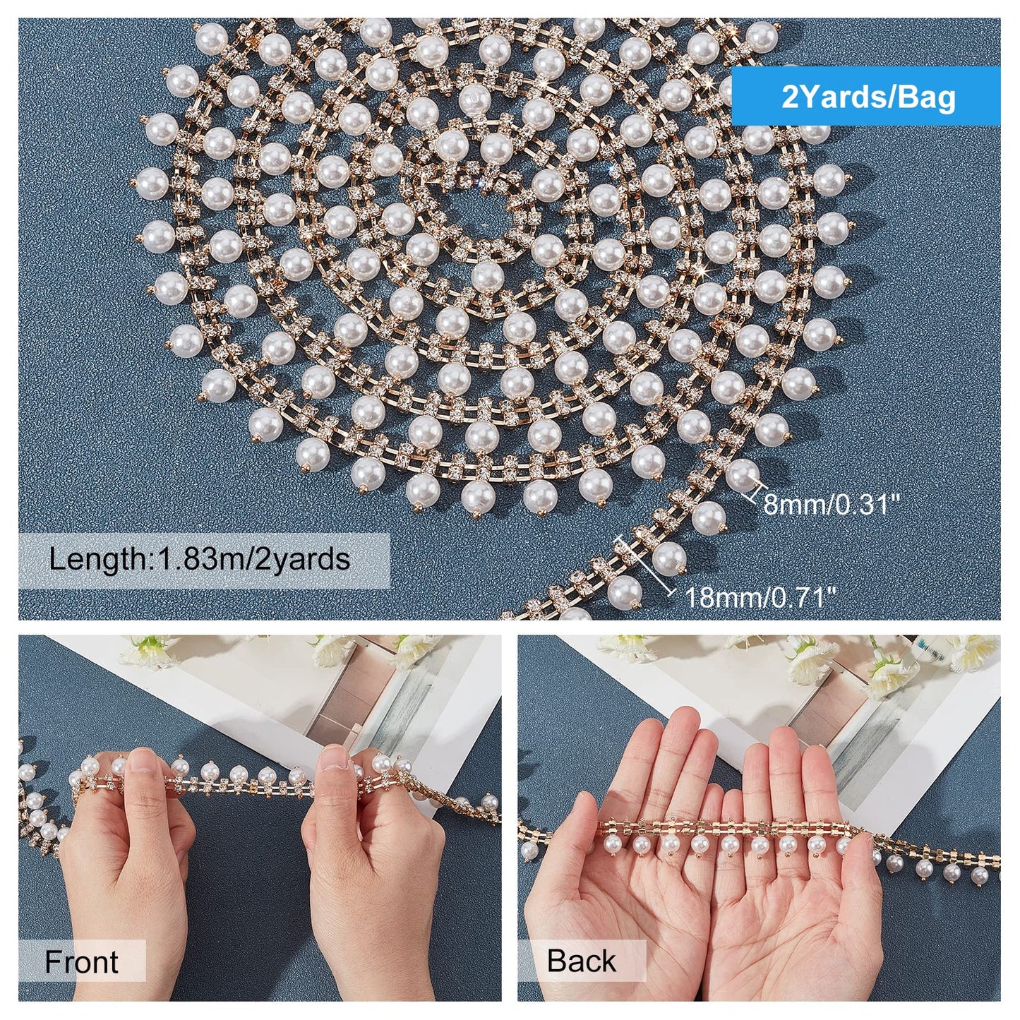 AHANDMAKER 2 Yard Rhinestone Fringe Trim, Gold Tassel Rhinestone Chain Sew on Edging Pearl Beaded Applique Chain for Home Decor Wedding Bouquets Dress Embellishment Costume DIY Jewelry Craft Projects