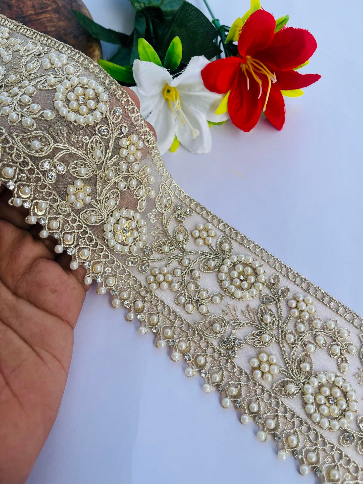 Luxury Pearl Embellished Lace Trim, 3 Inch Wide, Beaded Floral Pattern, Champagne Gold with Faux Pearls, Wedding Dress Decoration, Available in 1, 3 and 6 Yard (1)