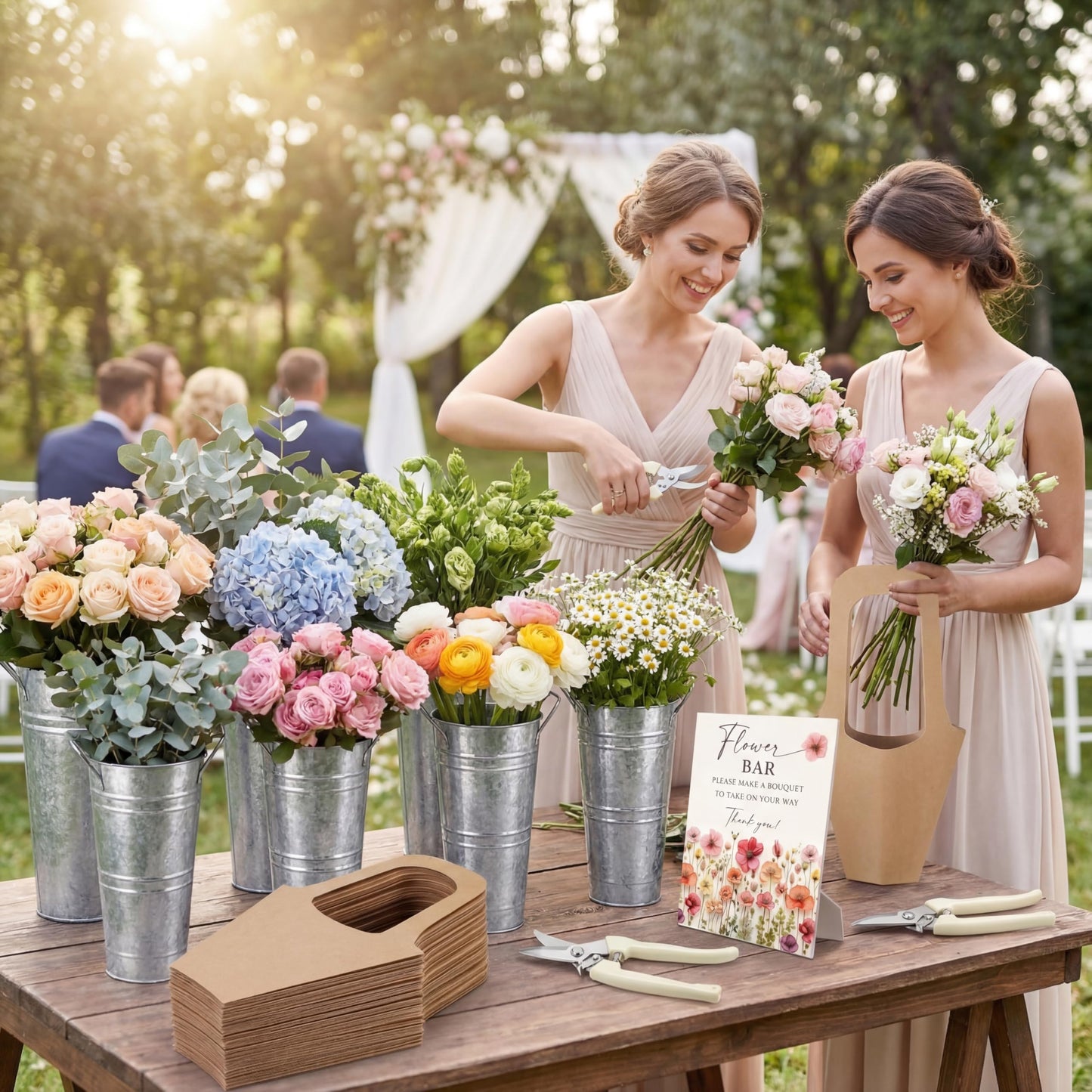 LEIFIDE Flower Bar Buckets Set Kit Bloom Bar Supplies Include Wood Sign Gift Bags Iron Bucket Garden Flower Shears for Wedding Bridal Shower Graduation Birthday Table Centerpieces(39 Pcs,Silver)