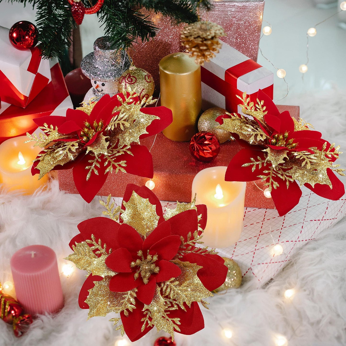 16 PCS Poinsettia Flower Artificial Poinsettia Christmas Decorations Glitter Poinsettias Christmas Ornaments Christmas Tree Flower Decorations with Clips DIY Xmas Wreath Holiday Weed Home Party Decor