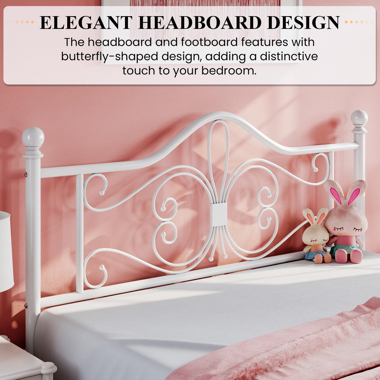 SHA CERLIN Queen Size Bed Frame with Headboard,Metal Bed Frame with Butterfly Pattern Design Headboard & Footboard,No Box Spring Needed,Easy Assembly,White