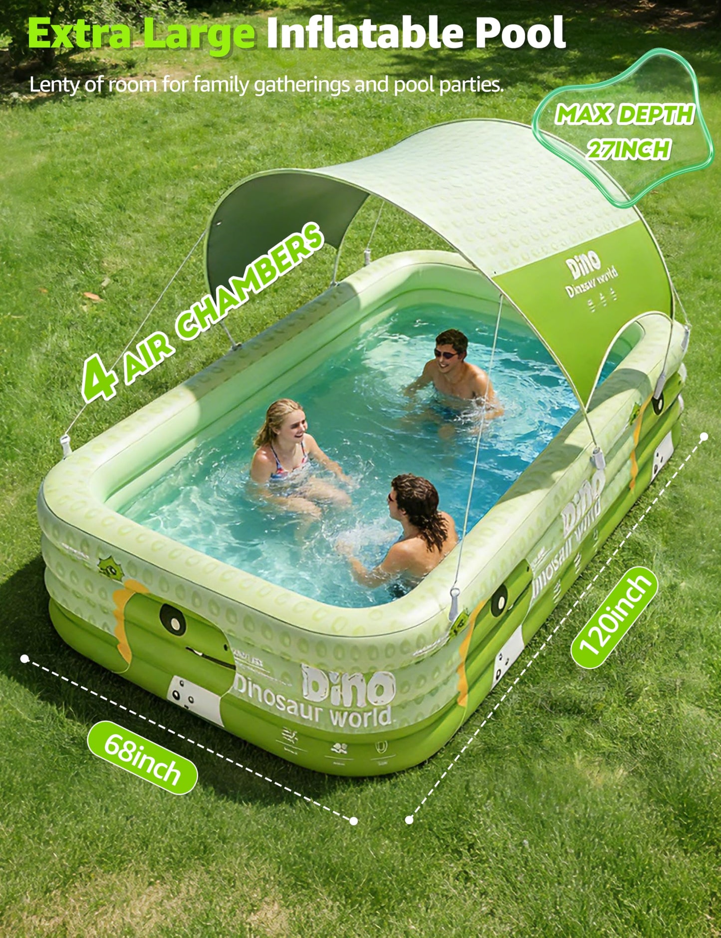 120" Large Inflatable Pool for Kids with Removable Canopy, 4-Layer Blow up Pool, 0.32mm Heavy Duty PVC, Family Durable Swimming Pool for Adults Pets Backyard Summer Green