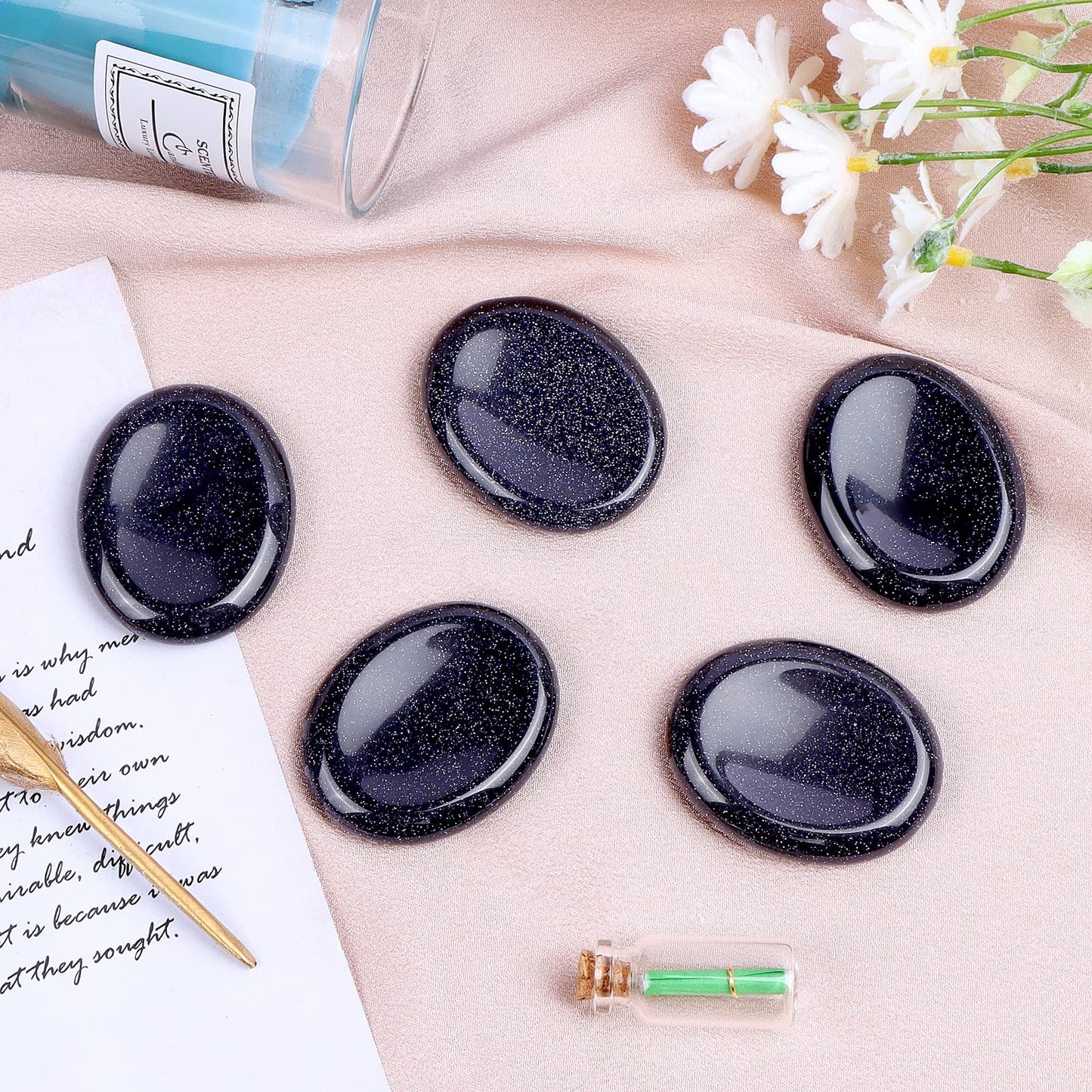 LEADGEM 2" Worry Stone Blue Sand Crystal Palm Stones, Healing Goldstone Crystals for Anxiety Meditation, Turmalina Negra Thumb Stone Anxiety Relief Items Gift