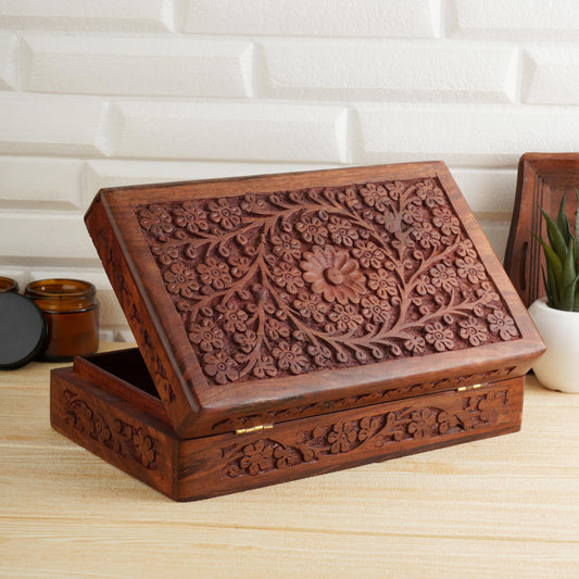 Ajuny Wooden Handcarved Decorative Jewelry Storage Box Flower Design Multipurpose Treasure Chest Keepsake Organizer Necklaces Watch Boxes Great for Gifts 8x5 Inch
