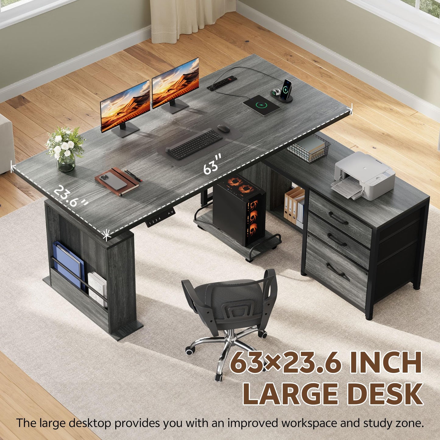 Homiflex 63" L Shaped Standing Desk with 3 Drawers Electric Adjustable Height Desk Corner Standing Desk with Storage Computer Game Desk with Power Outlets Computer Tower Stand for Home Office, Grey