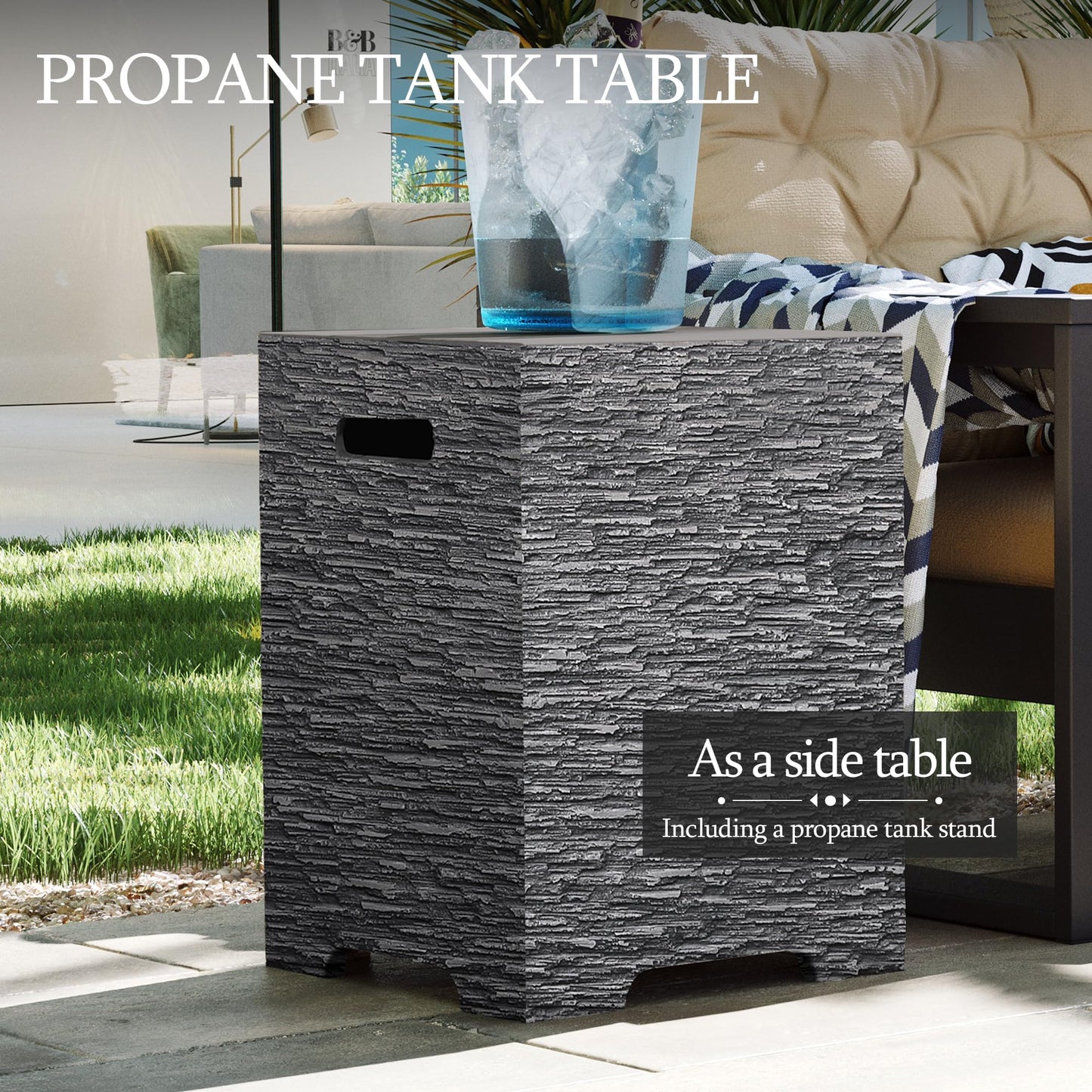 UPHA 42-inch Outdoor Propane Gas Fire Pit Table 50000 BTU Concrete Round FirePit for Outside Patio with Propane Tank Cover, Wind Guard, Blue Glass Rocks, Rain Cover, Grey